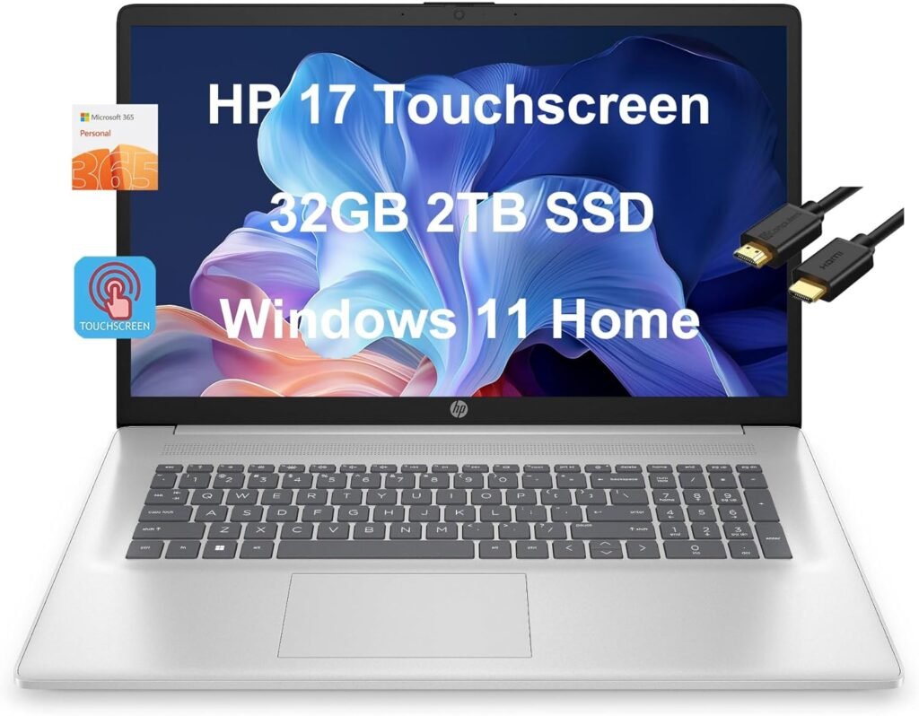 HP 17 Laptop (17.3 HD+ Touchscreen, Intel Pentium N5030, 32GB RAM, 2TB SSD, UHD Graphics) Home  Business, 1-Year Office 365, Long Battery Life, Webcam, Numpad, IST HDMI, Win 11 Home, Silver, 2024
