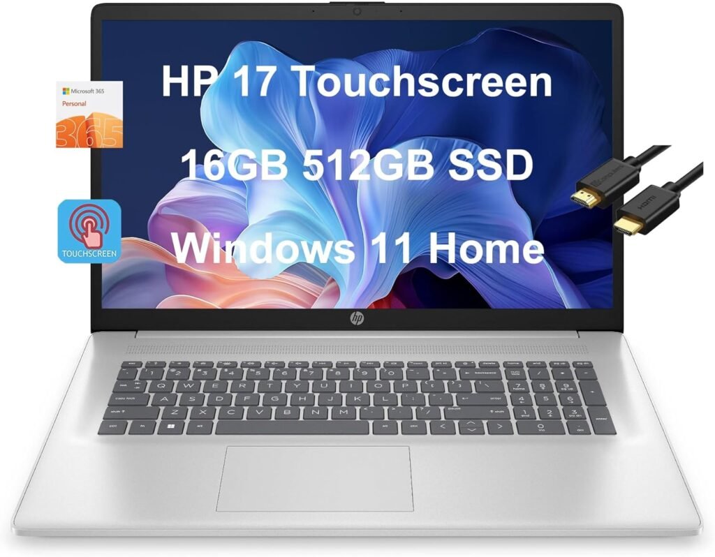 HP 17 Laptop (17.3 HD+ Touchscreen, Intel Pentium N5030, 32GB RAM, 2TB SSD, UHD Graphics) Home  Business, 1-Year Office 365, Long Battery Life, Webcam, Numpad, IST HDMI, Win 11 Home, Silver, 2024